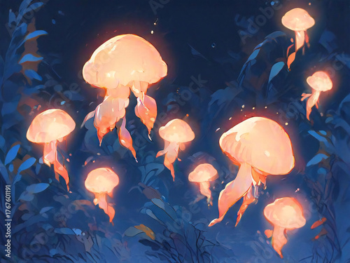 Floating Jellyfish Forest - A landscape of luminous jellyfish floating in the sky