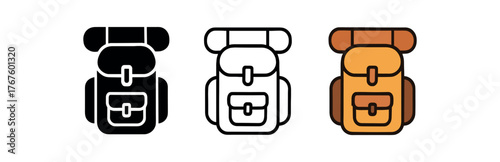 backpack travel gear icon on white background Black silhouette flat icon outline icon and colored icon style. three minimal vector icon style