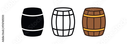 barrel wooden cask icon on white background Black silhouette flat icon outline icon and colored icon style. three minimal vector icon style