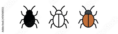 beetle crawling bug icon on white background Black silhouette flat icon outline icon and colored icon style. three minimal vector icon style