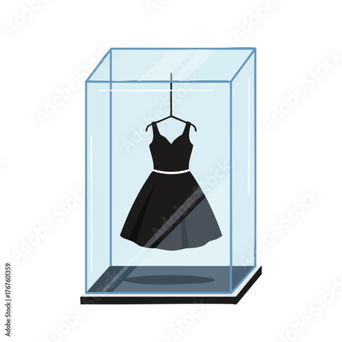 A black dress displayed in a glass case, suggesting fashion or retail.