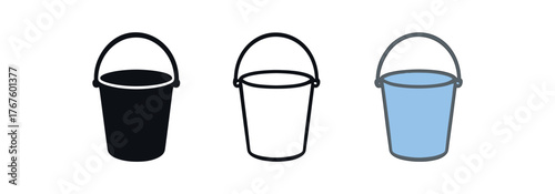 bucket plastic tub icon on white background Black silhouette flat icon outline icon and colored icon style. three minimal vector icon style