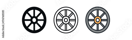 wheel turning spoke icon on white background Black silhouette flat icon outline icon and colored icon style. three minimal vector icon style