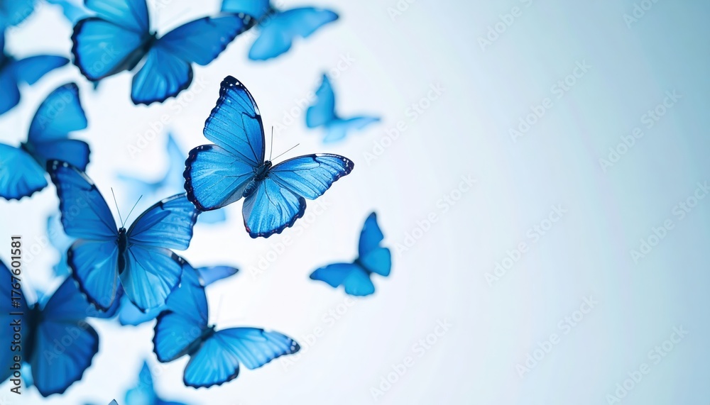 Fototapeta premium Graceful blue butterflies dancing in the air nature scene close-up view serene environment concept of transformation and beauty