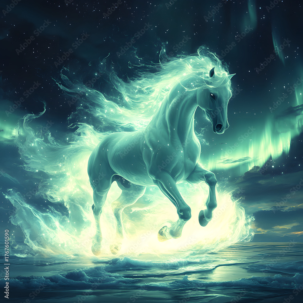 Naklejka premium Ethereal glowing horse gallops over an icy surface under a starry sky with aurora.