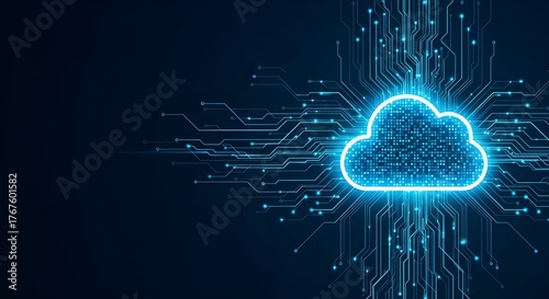 Cloud Computing Icon – Digital Data Network on Futuristic Circuit Board, Copy Space Left