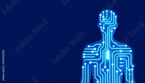 A digital illustration features a stylized human figure composed of gl