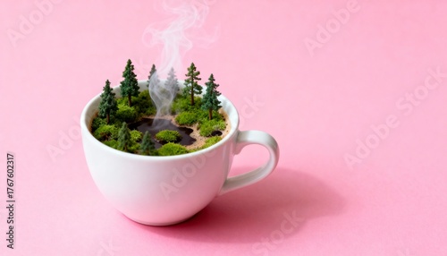 A conceptual still life features a white ceramic coffee cup filled wit