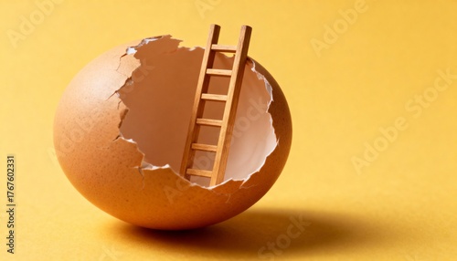 A studio shot features a cracked eggshell with a small wooden ladder i