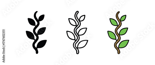 vine twisted growth icon on white background Black silhouette flat icon outline icon and colored icon style. three minimal vector icon style