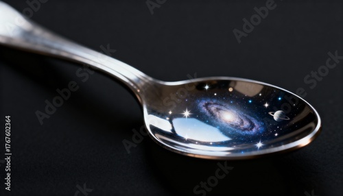 A macro shot of a silver spoon on a black background the spoon's bowl