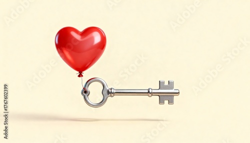 A digital render features a silver key being lifted by a red heart-sha