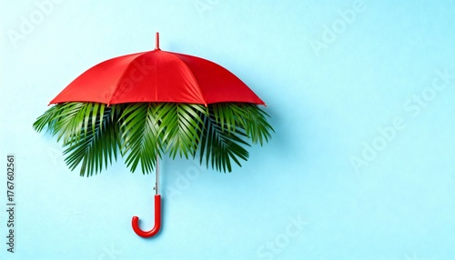 A vibrant conceptual still life features a red umbrella with green pa