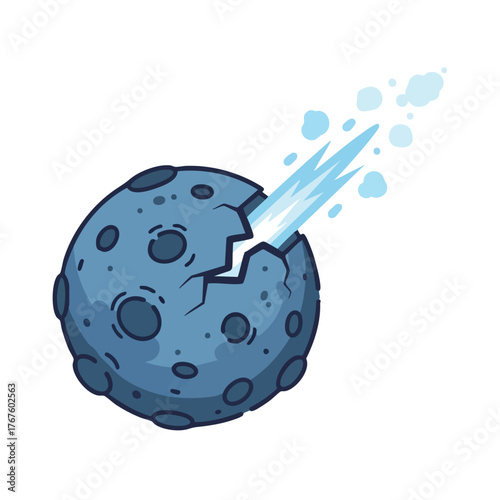 A cartoon asteroid with a bright blue energy trail breaking apart.