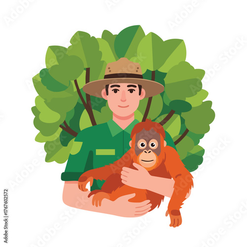 Zookeeper holding an orangutan with lush green foliage behind.