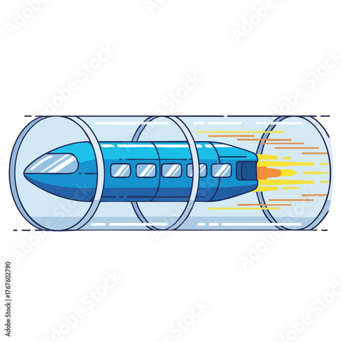 Futuristic blue train speeding through a transparent tube.