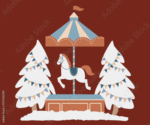 Vector flat illustration of a carousel with horses, Christmas trees, and snow. Symbol of the New Year 2026, ideal for an animal print, greeting card, or interior poster. Christmas composition isolated