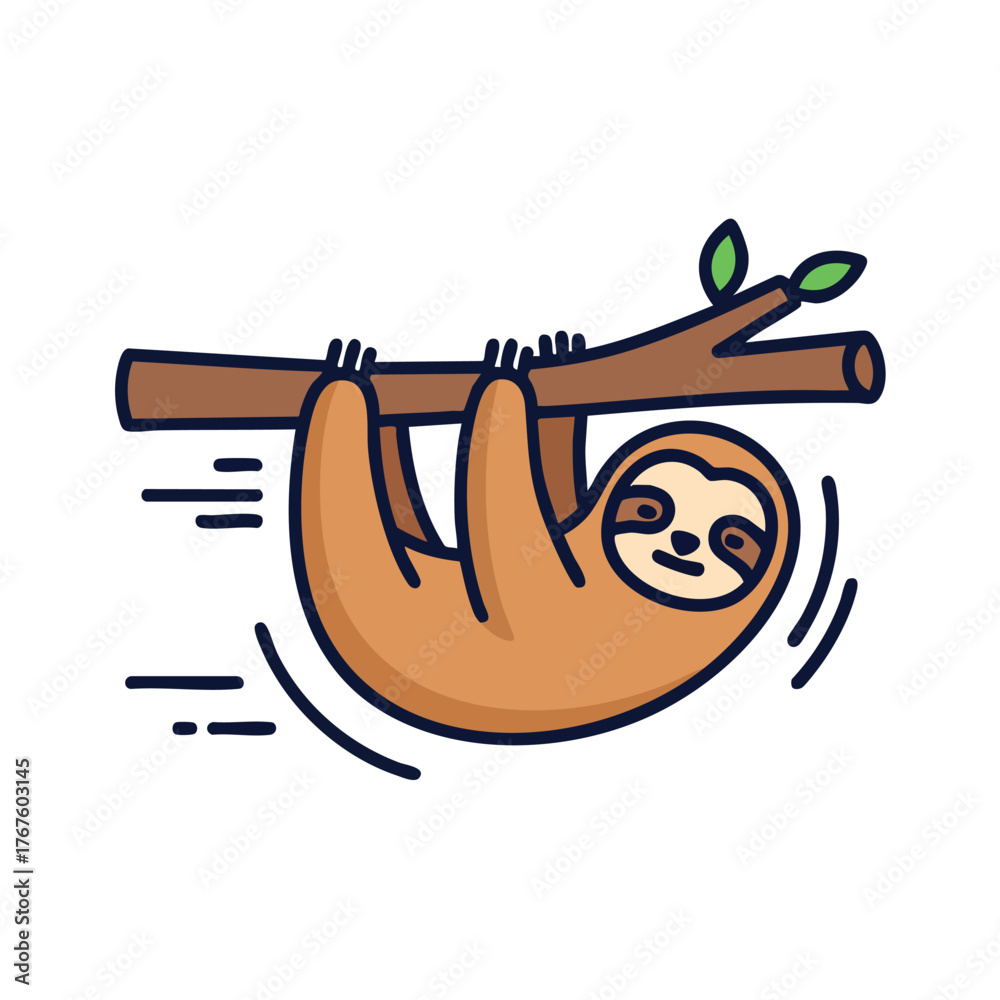 Naklejka premium A cartoon sloth hangs from a tree branch.