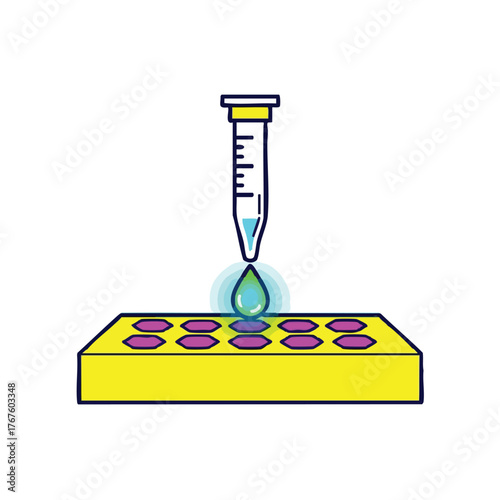 A pipette dispenses a glowing drop onto a scientific testing plate.