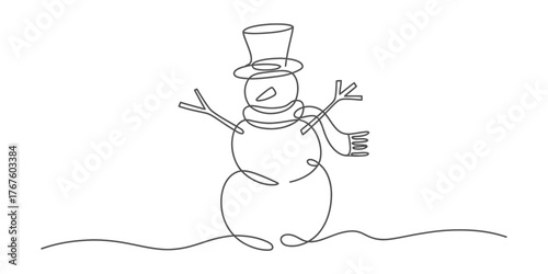 Minimalist continuous one line drawing of a cheerful snowman with a top hat and scarf vector
