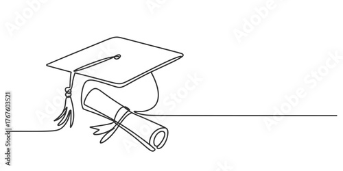 Minimalist continuous one line drawing of a graduation cap and diploma representing academic achievement vector
