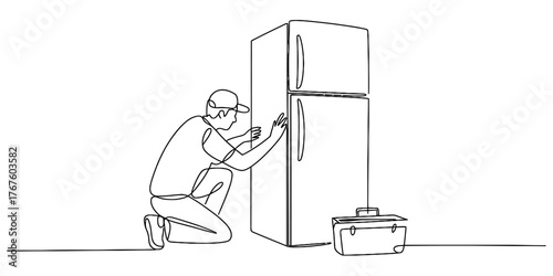 Single continuous line drawing of a person repairing a refrigerator with tools nearby vector