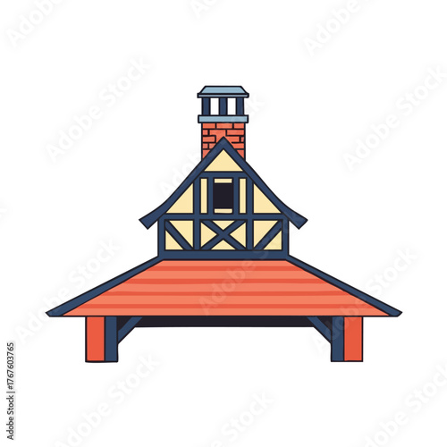Cartoon of a traditional timber-framed house with a chimney.