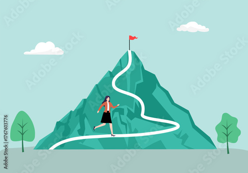 Businesswoman running on project timeline, Project planning to develop the timeline of business progress, Roadmap, Work duration review, Key route map with action plans. Vector design illustration.