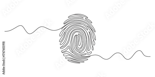 Continuous single line drawing of a fingerprint with wavy lines extending outward representing connection vector