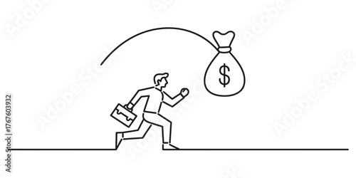 Single continuous line drawing of a businessman chasing a bag of money vector