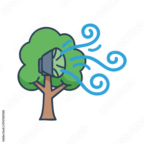 A tree with a speaker emitting wind-like sound waves.