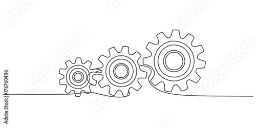 Elegant single line drawing of interlocking gears symbolizing connection and progress vector
