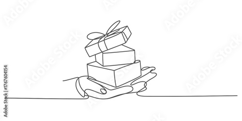 Elegant continuous line drawing of stacked gifts with ribbons a festive artful composition vector