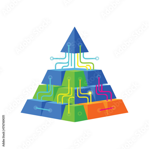 A stylized pyramid with colorful lines representing data flow and connections.