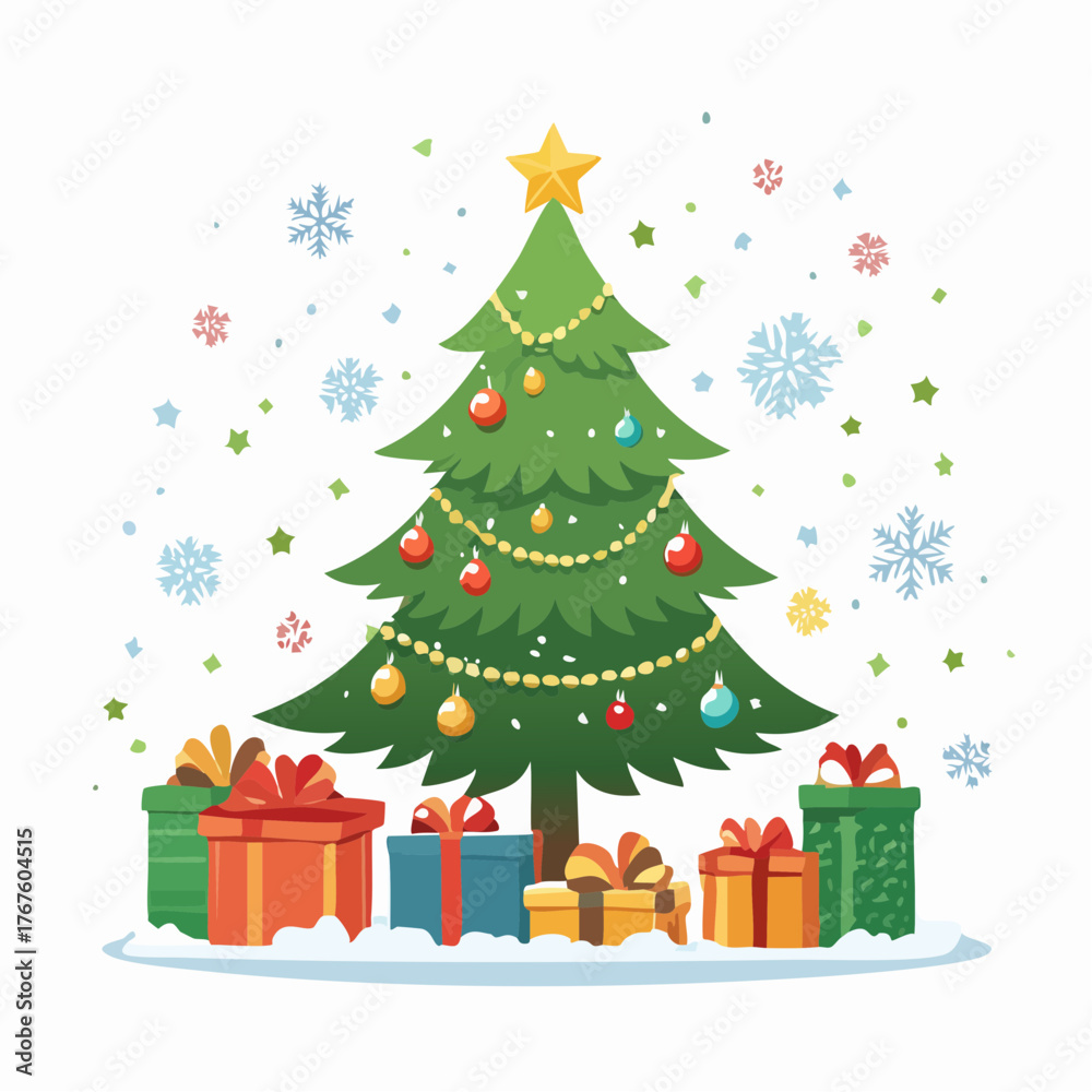 Naklejka premium Christmas tree with presents and snowflakes