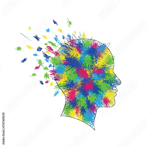 Abstract colorful scribbles filling a human head silhouette.