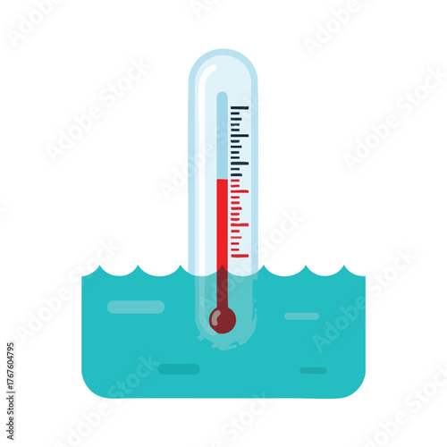 A thermometer measures the temperature of blue liquid.