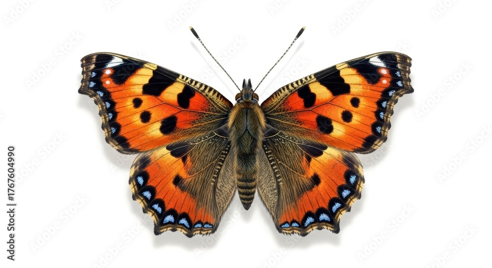 Fototapeta premium Vibrant Small Tortoiseshell Butterfly with Open Wings on White Background