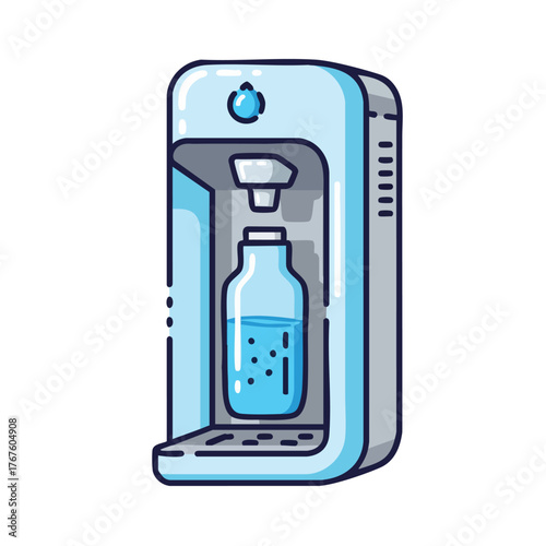 A stylized of a blue water dispenser with a bottle.