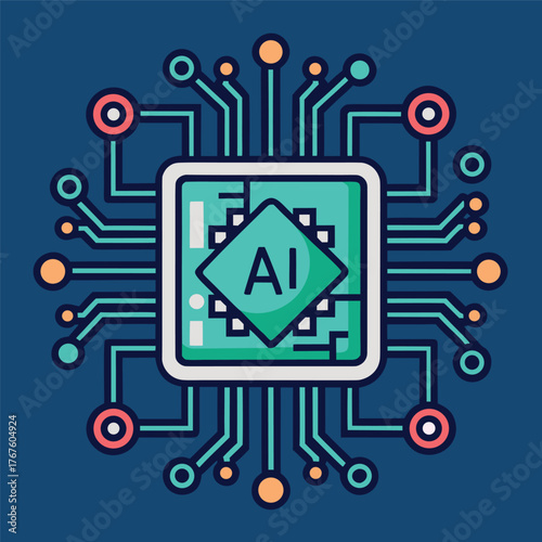 Colorful AI microchip illustration with circuit connections in a modern flat style