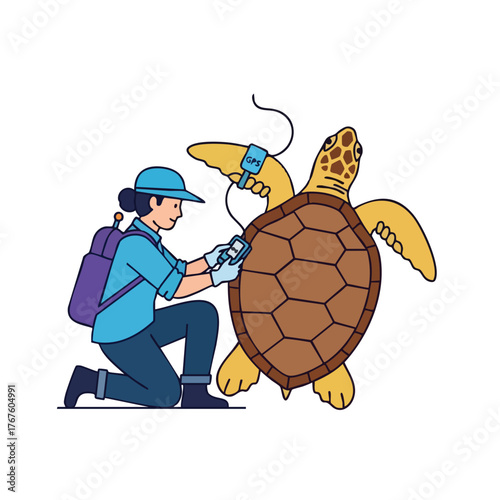 Scientist tagging a sea turtle with GPS for research.