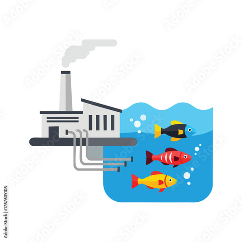 of a factory polluting a body of water with fish.