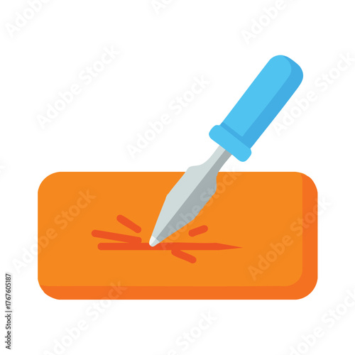 A chisel carving into an orange surface with sparks.