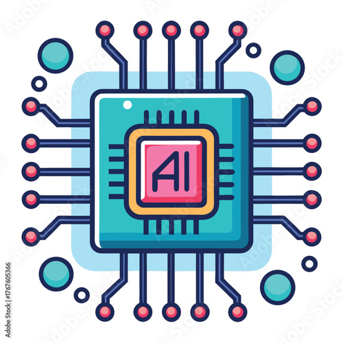 Colorful AI microchip illustration with circuit connections in a modern flat style