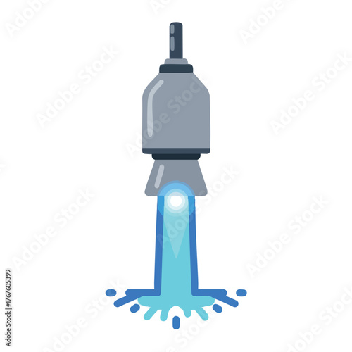 A cartoon rocket launching with blue fire and sparks.