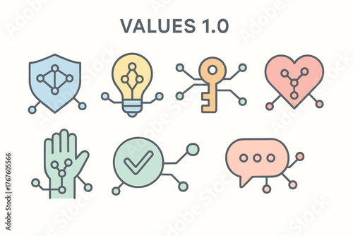 A set of 7 minimalist vector icons in pastel colors symbolizing corporate values (VALUES 1.0), connected by elements of digital networks (dots and lines).