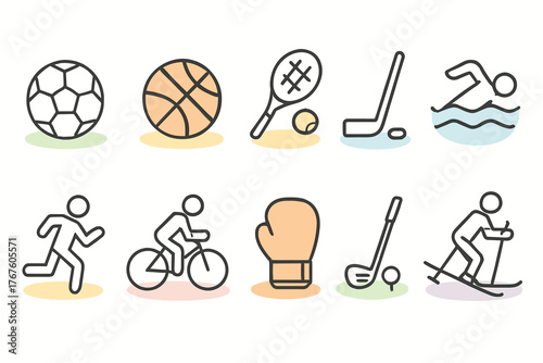 A set of 10 minimalist linear icons of sports and attributes in pastel colors on a white background. The style is clean, flat design with soft pastel circles under the icons.