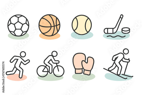 A set of 9 minimalist linear icons of sports and attributes in pastel colors on a white background