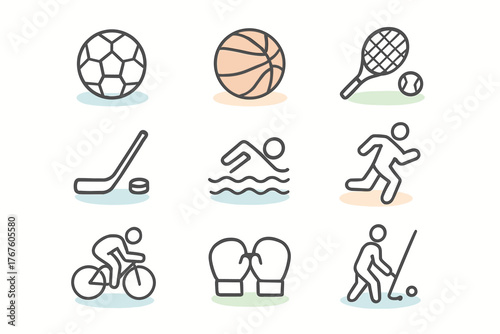 A set of 9 minimalist linear icons of sports and attributes in pastel colors on a white background
