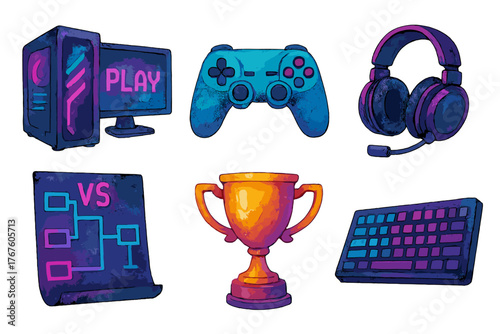 A set of 6 hand-drawn gaming-style watercolor illustrations with soft colors and textures. Each icon is related to gaming.